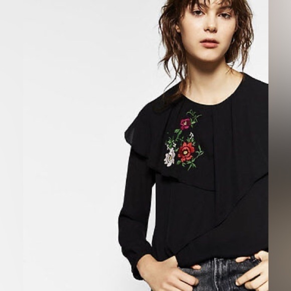 Zara Black Floral Embroidered Asymmetrical Ruffle Boho Blouse Size XS - Picture 3 of 16